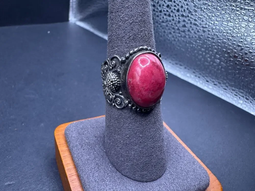Vintage Rhodonite Sterling Silver 925 Ornate Filigree Cocktail Ring Sz 8
